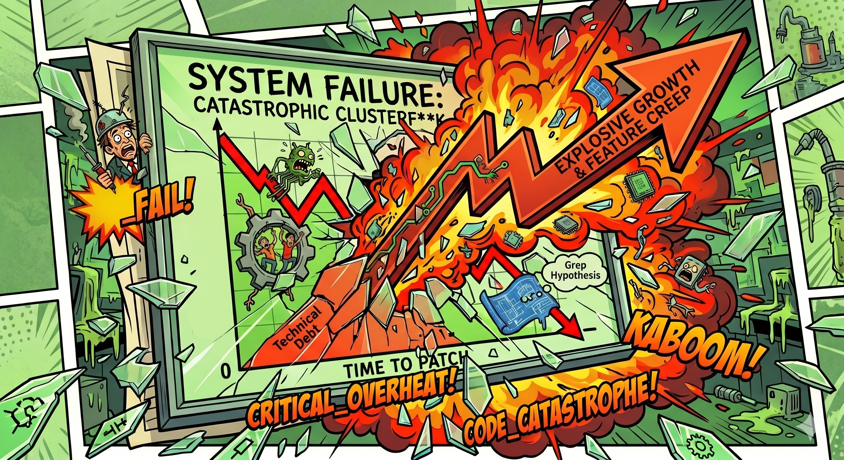Exploding system chart illustrating unstable context and refactor risk