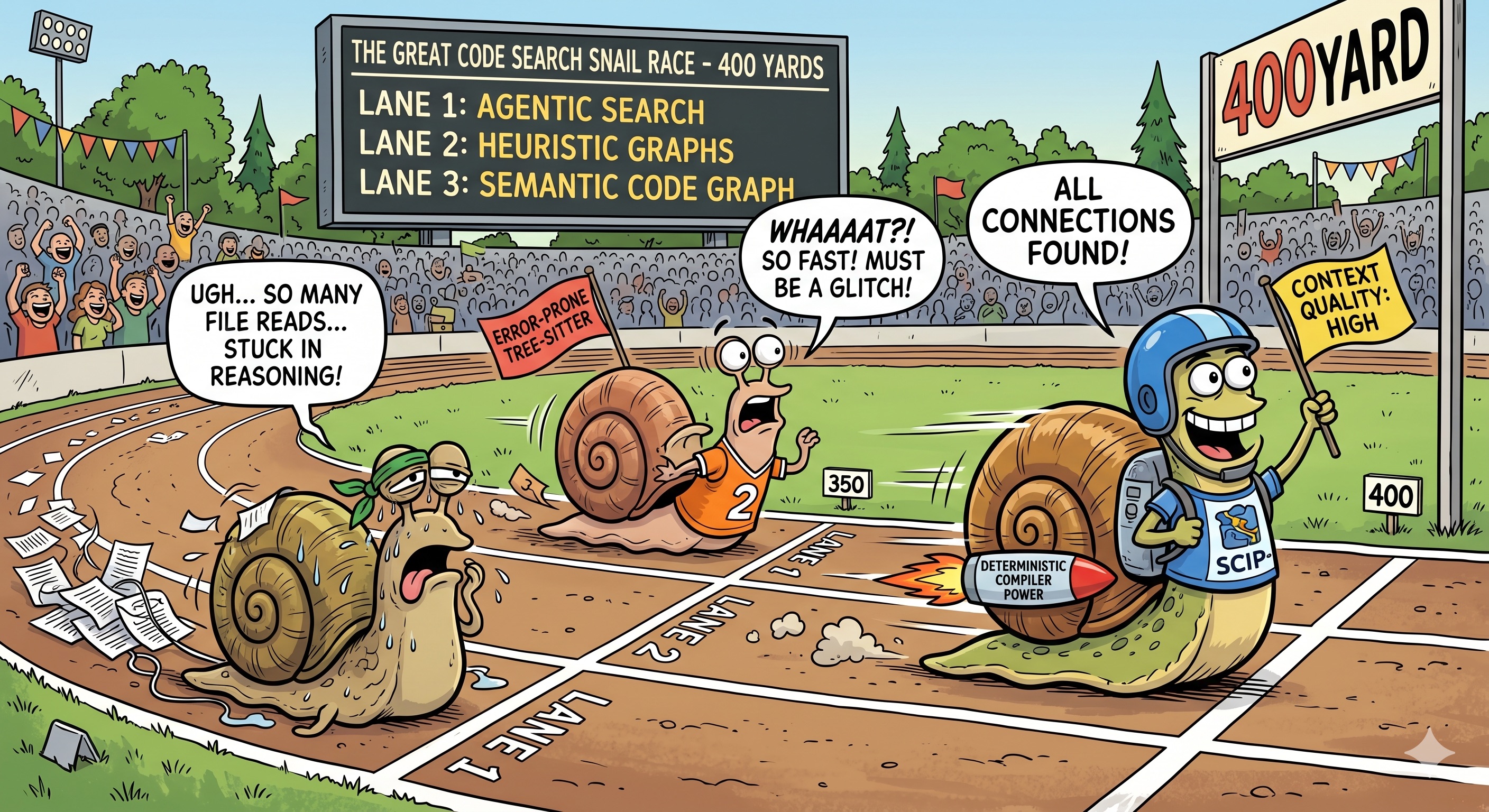 Snail race comparing agentic search, heuristic graphs, and semantic code graphs