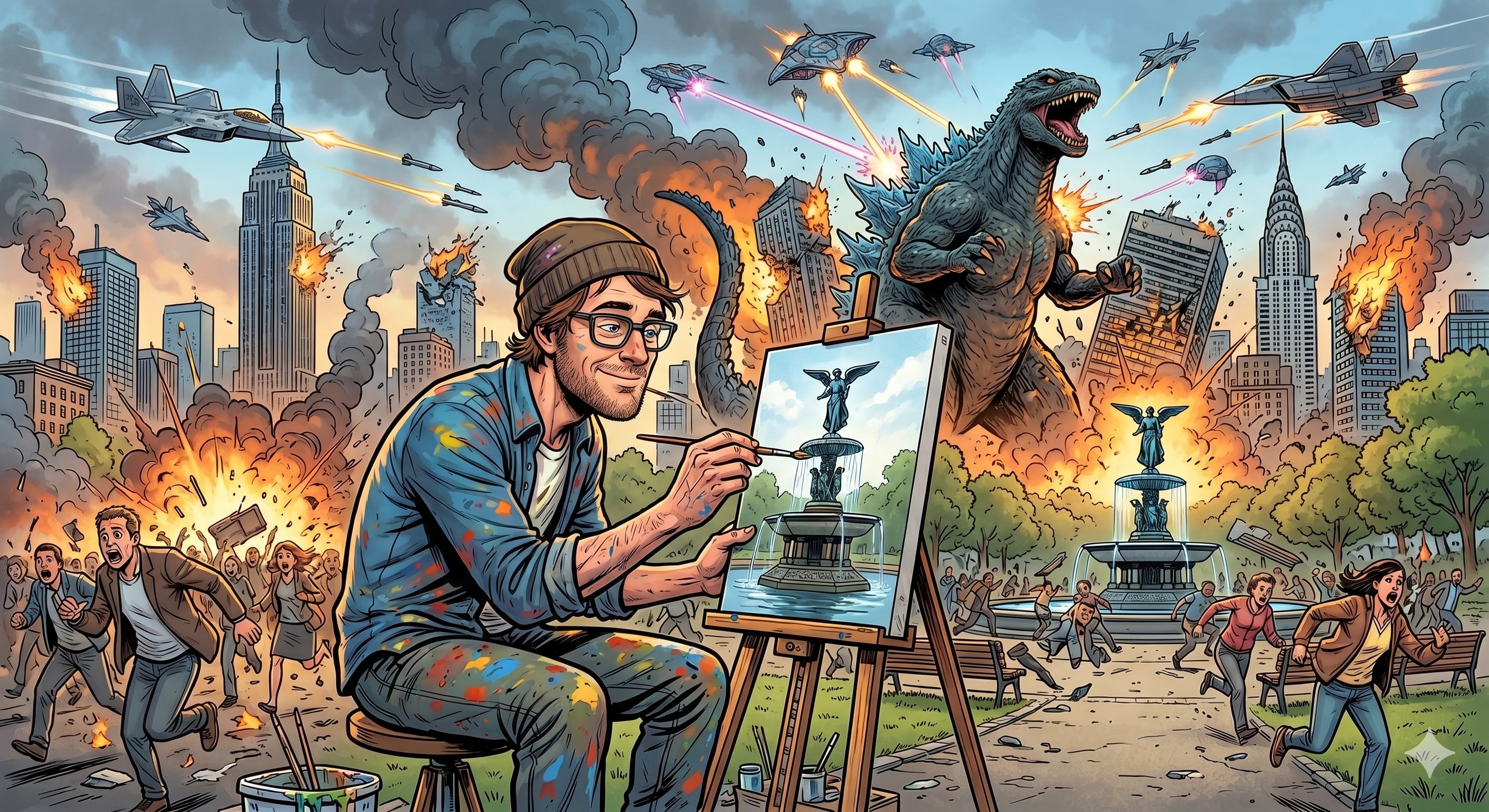 Creator focused on the task at hand while chaos unfolds in the background