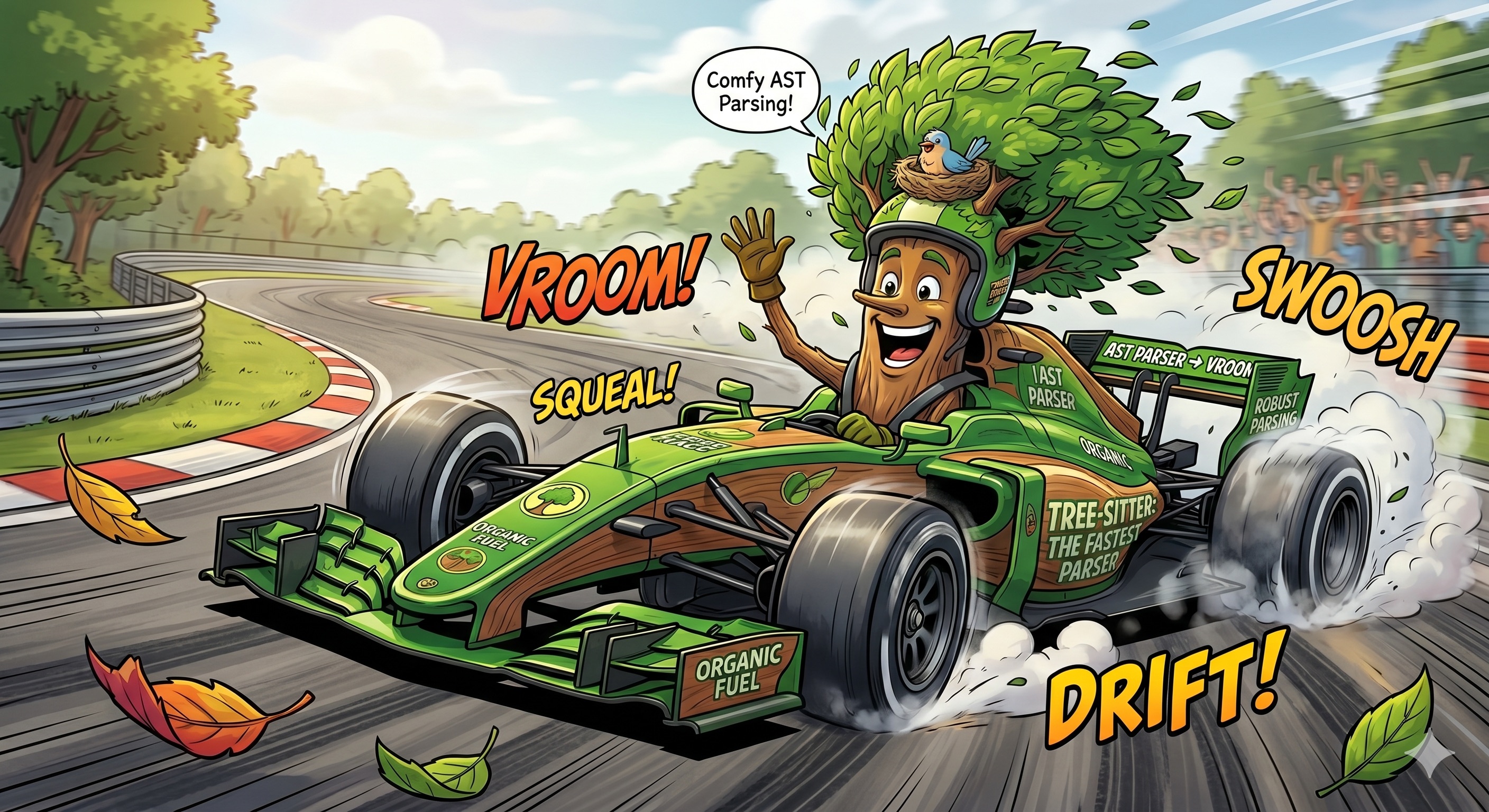 Tree-sitter shown as a fast race car for heuristic parsing speed